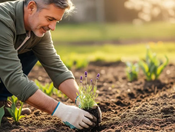 A close-up view of a gardener carefully setting a lavender seedling into a well-prepared garden bed during early spring. The soil appears dark, loose, and ready, indicating it has warmed sufficiently for new growth. This image highlights spring planting as the safest method, providing the lavender with ample time to establish a strong root system throughout the mild seasons before its first winter.
