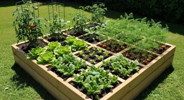 A well-organized square foot gardening raised bed with a grid, showing high-yield vegetable planting in a small space.