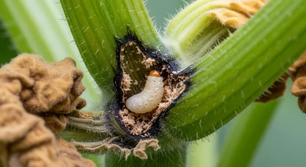 A close-up of a zucchini stem infested with a squash vine borer larva, showing frass. Perfect photo for identifying this pest.
