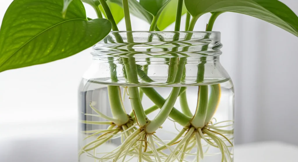Close-up of Pothos stem cuttings developing new roots in a glass jar of water, a simple houseplant propagation method.