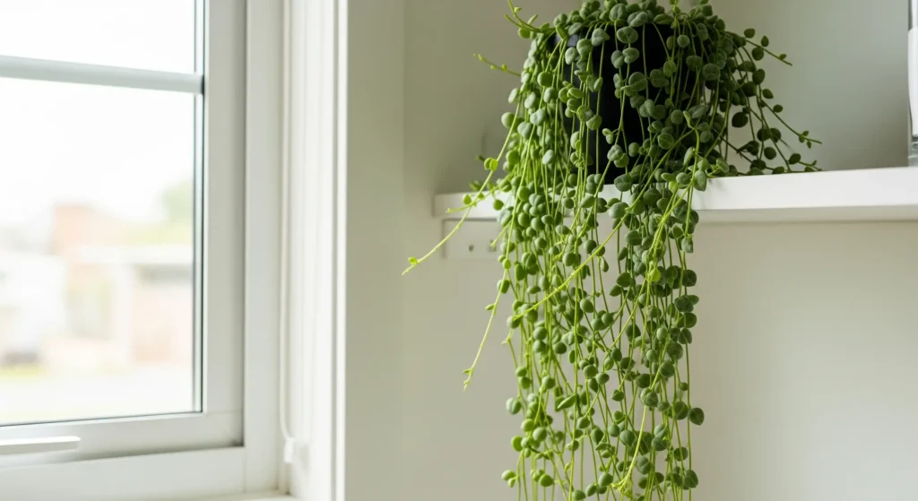 Tiny Space, Mighty Green: The Best Houseplants for Small Spaces! 3 A string of pearls plant, featuring numerous small, round, light green leaves resembling beads, is potted in a dark-colored hanging planter. The plant is positioned on a thin, white rectangular shelf attached to a light gray or white wall. Many strands of the plant cascade downwards from the pot, some reaching significantly below the shelf. To the left, a white-framed window with multiple panes allows diffused daylight to enter. The view through the window is slightly blurred, suggesting an outdoor scene with muted colors. The wall continues to the right of the shelf, remaining a uniform light gray or white. The overall lighting is soft and natural, highlighting the texture of the plant and the smooth surfaces of the shelf and wall.