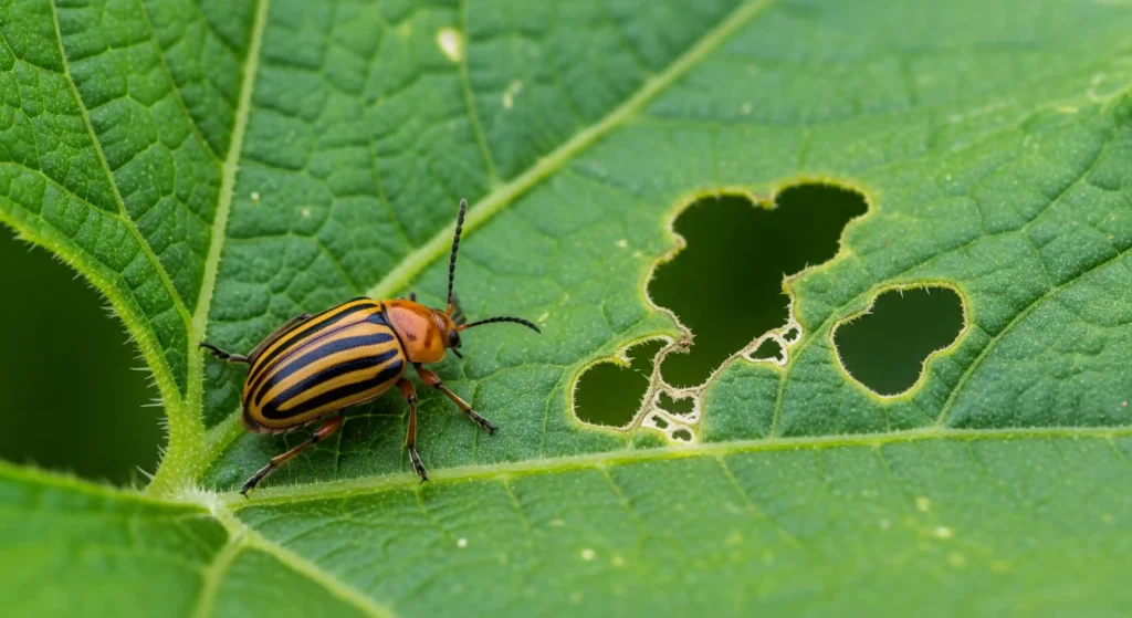  A striped cucumber beetle with three black stripes resting on a green zucchini leaf.