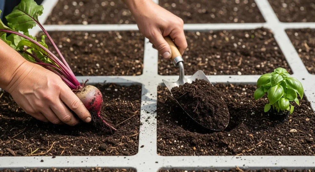 Grow a huge harvest using square foot gardening to start the small-space revolution. 3 A gardener demonstrating succession planting by harvesting a beet in one square and preparing the next for a new plant.