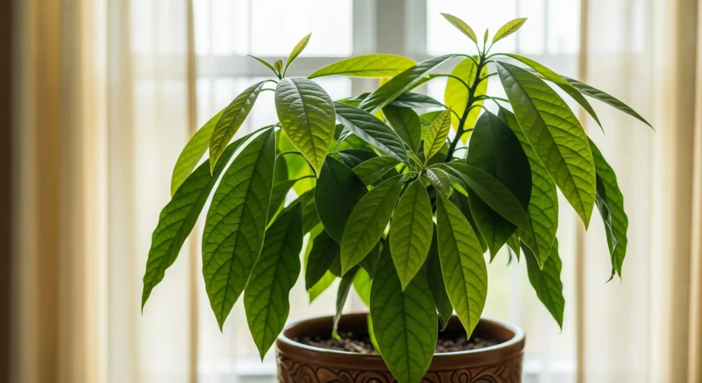 A lush, vibrant avocado plant thriving as a houseplant in a decorative pot near a bright window.