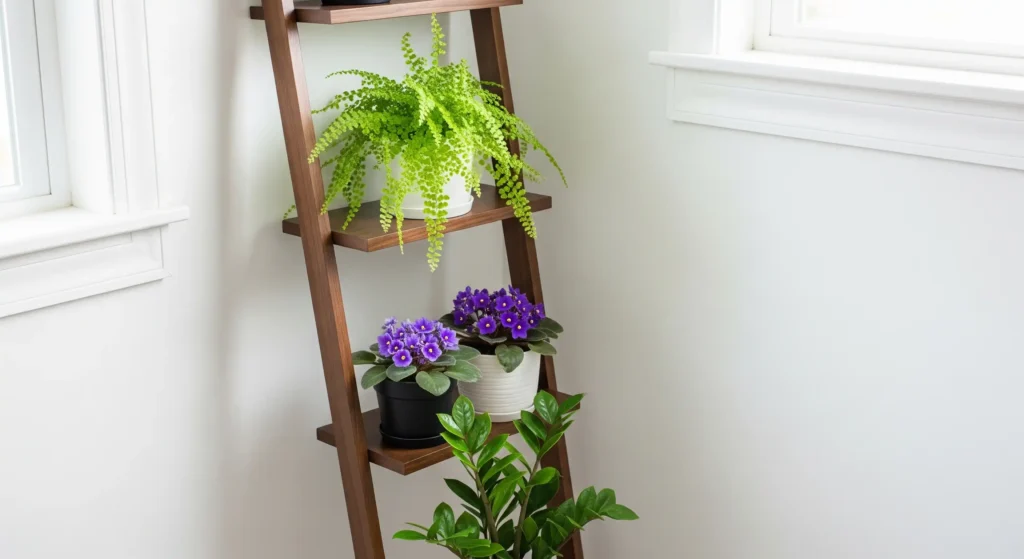 Tiny Space, Mighty Green: The Best Houseplants for Small Spaces! 2 A four-tiered wooden shelf leans against a white wall near a window. The shelves decrease in depth from bottom to top. On the top shelf, a vibrant green fern with delicate, frilly leaves sits in a white ceramic pot. The second shelf holds two African violet plants, one in a black plastic pot and the other in a white ceramic pot. Both plants have clusters of small, deep purple flowers and dark green, velvety leaves. On the bottom shelf, a glossy green ZZ plant with upright stems and oval leaves is placed in a white pot. The wall is painted a bright white, and the window frame is also white, with two horizontal sashes. The wooden shelf has a warm brown tone and its construction is simple, with horizontal shelves supported by angled side pieces. The lighting in the room is bright and even, casting soft shadows.