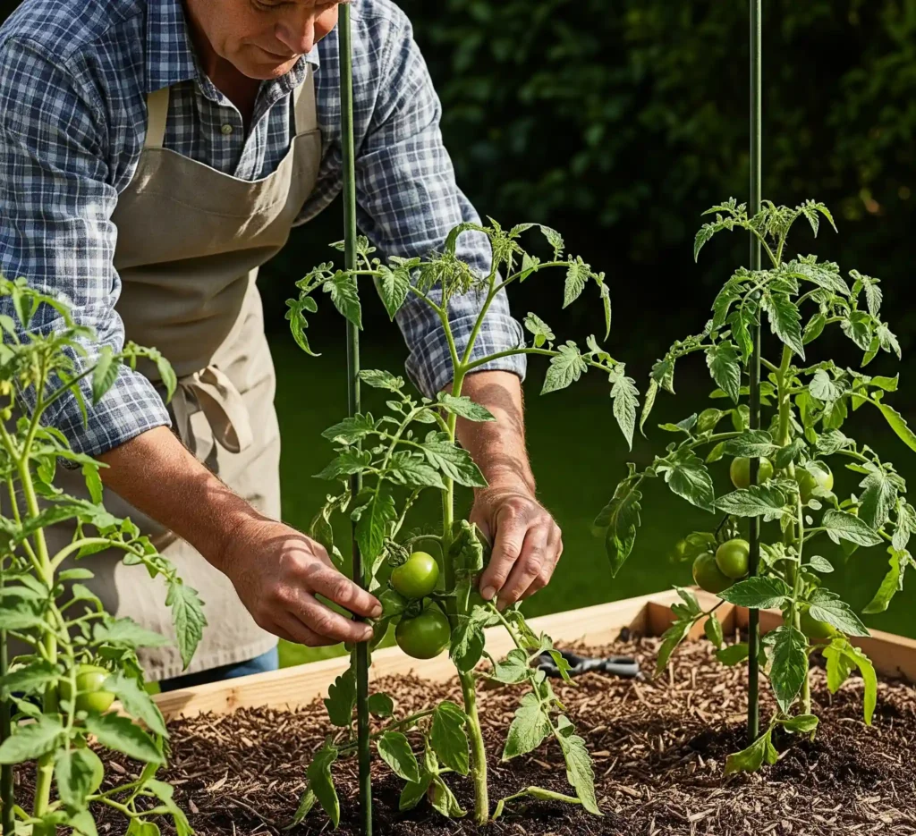 A focused image of a gardener tending to healthy tomato plants in a raised garden bed, emphasizing the importance of air circulation and mulching for disease prevention. The plants are well-spaced, and the ground is covered with mulch, illustrating effective cultural practices for a resilient tomato garden against issues like late blight.