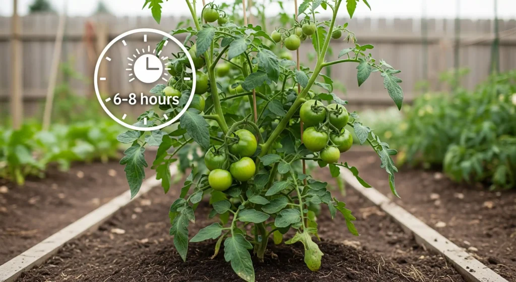 A healthy tomato plant receiving optimal 6-8 hours of direct sunlight daily for robust growth and fruit production.