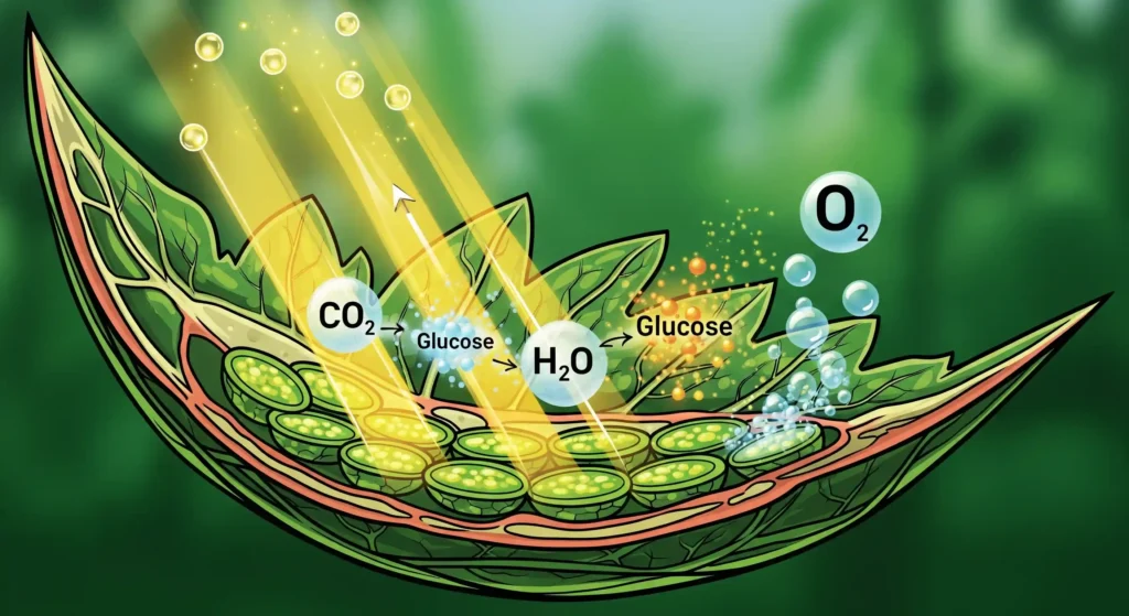  Illustrated view of photosynthesis occurring in a tomato leaf, showing light energy converting into sugars for plant growth.