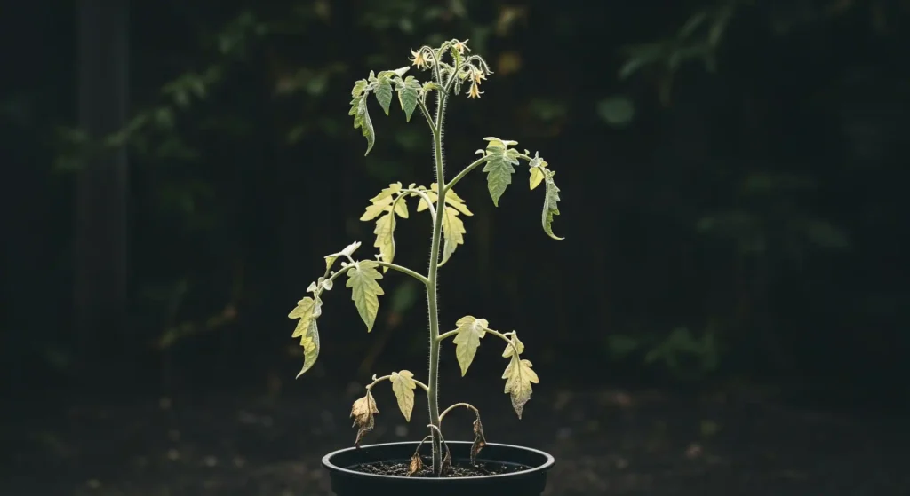 A leggy, stretched-out tomato plant with pale leaves and no fruit, indicating severe lack of direct sunlight.