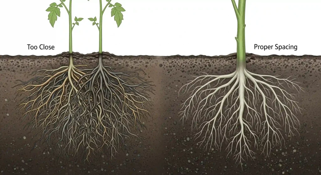 A powerful cross-section diagram illustrating the impact of tomato plant spacing on root systems. The left panel, labeled "Too Close," depicts two plants with their roots entangled and competing in a crowded space underground. The right panel, "Proper Spacing," shows a single plant with a vast, healthy, and deep root system spreading freely through the soil, highlighting how adequate space prevents the underground "root wars" that stunt growth and reduce yield.