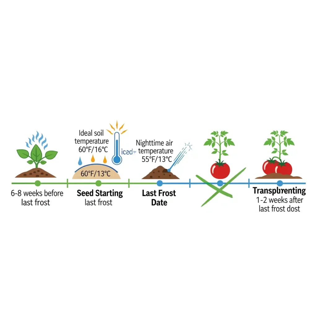 A clear, educational graphic presents a tomato planting timeline for gardeners. It visually guides the user, indicating that tomato seeds should be started indoors 6-8 weeks before the last frost date, and seedlings should be transplanted outdoors 1-2 weeks after the last frost, when soil temperatures are consistently above 60°F (16°C) and nighttime air temperatures are above 55°F (13°C).

