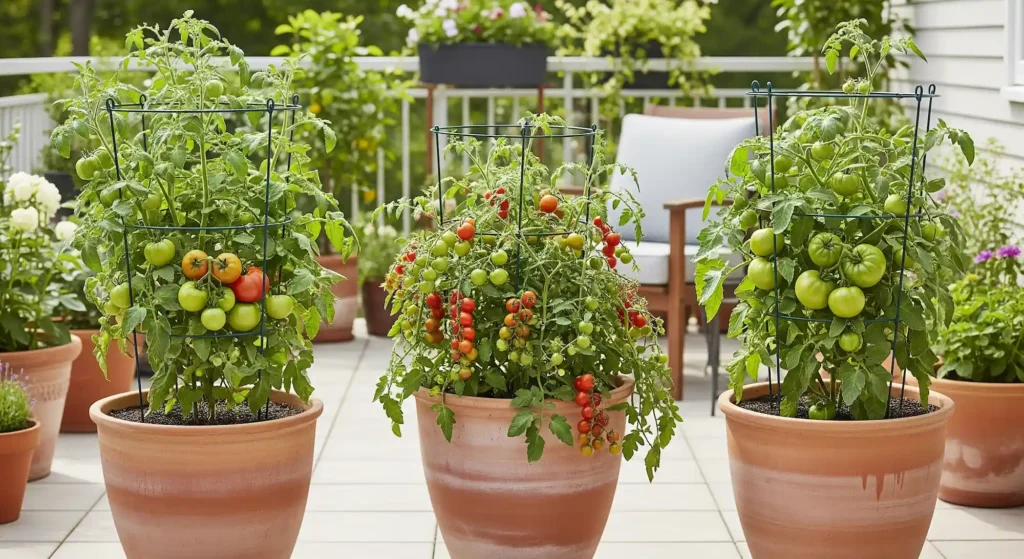 A vibrant image of a patio garden focused on container-grown tomatoes. Three large terracotta pots are featured, each containing a single, healthy tomato plant, demonstrating the "one plant per pot" rule for proper tomato spacing in containers. One determinate plant is supported by a cage, while a cherry tomato plant grows abundantly. The pots are well-spaced to ensure adequate sunlight and airflow, creating a beautiful and productive small-space garden.