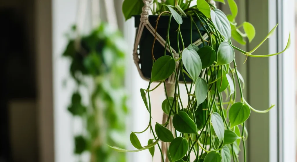 Close-up of a long, green vine gracefully trailing from a macrame plant hanger, illustrating an ideal plant habit.