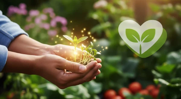 A vibrant cover image for an article about the transformative power of gardening. The central focus is a pair of gentle hands cradling a small, vibrant green sprout, symbolizing growth, well-being, and connection to nature.