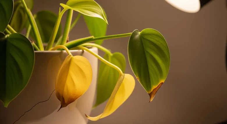 A sad-looking container plant with yellowing and drooping leaves, showing common signs of gardening distress.