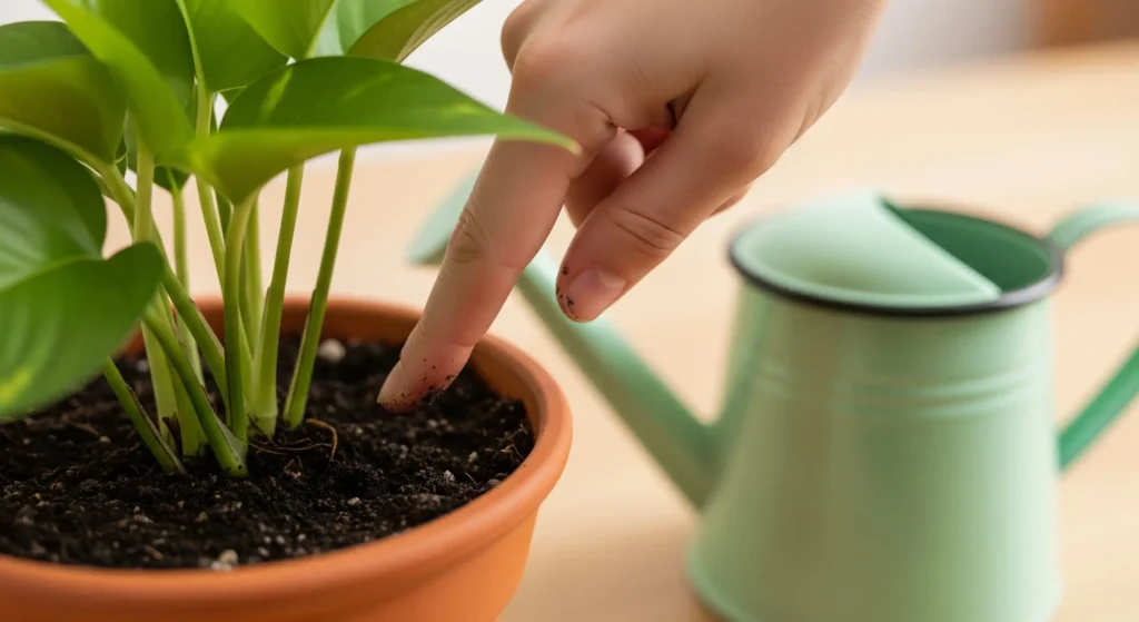 Best Beginner-Friendly Houseplants: Green Bliss Without the Stress! 3 Person checking houseplant soil moisture with a finger before watering, demonstrating a key tip for easy houseplant care and preventing overwatering.