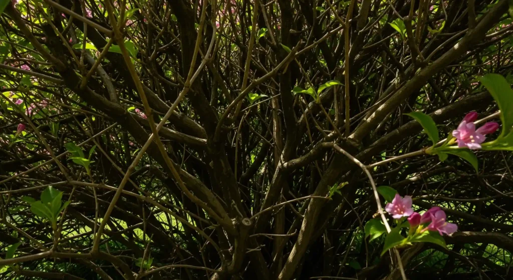 Close-up of an old Weigela shrub's interior, showing thick, woody, bare canes and leggy growth with sparse blooms.