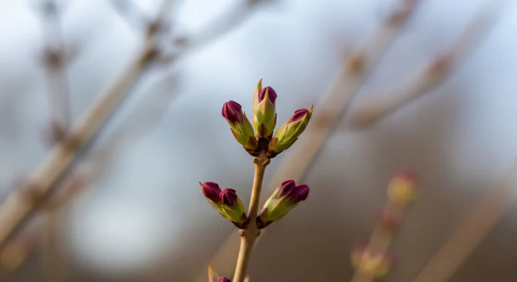 Close-up of Weigela branch in late winter dormancy with swelling leaf buds, indicating the ideal time for rejuvenation pruning.
