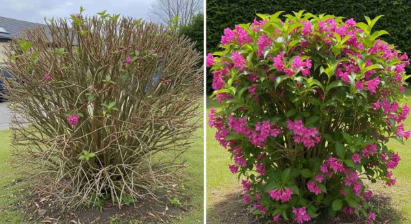 A split image showing an overgrown Weigela shrub before and after rejuvenation pruning, highlighting its revitalization.