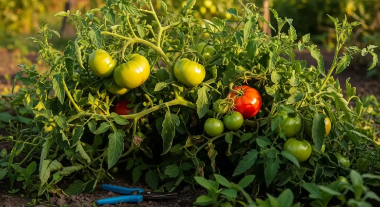 An overgrown tomato plant laden with green and red fruit in late summer, representing the gardener's pruning dilemma.