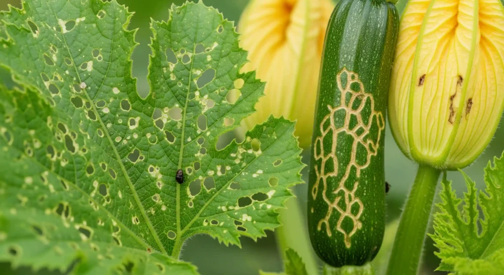 Zucchini leaf with small feeding holes and fruit with scarred skin from cucumber beetle damage.