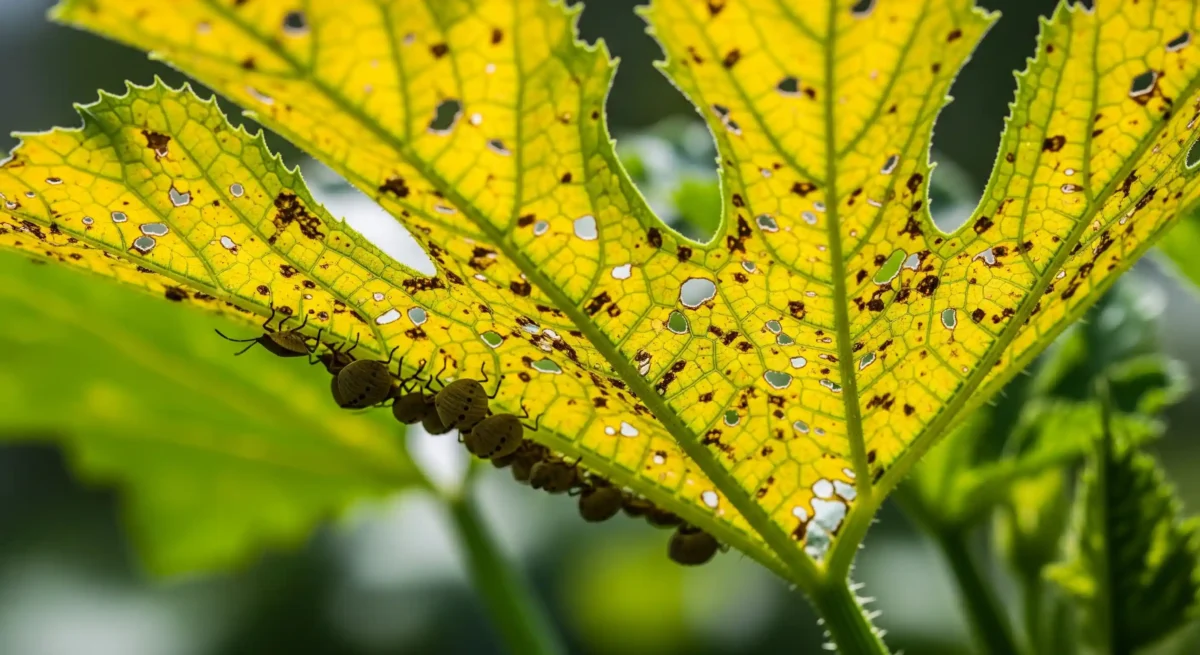 A Guide to Using Diatomaceous Earth for Zucchini Pests 3 Zucchini leaf showing yellow streaks and holes from common garden pests like squash bugs or cucumber beetles.