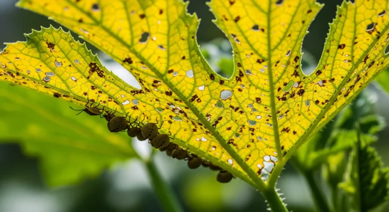 Zucchini leaf showing yellow streaks and holes from common garden pests like squash bugs or cucumber beetles.