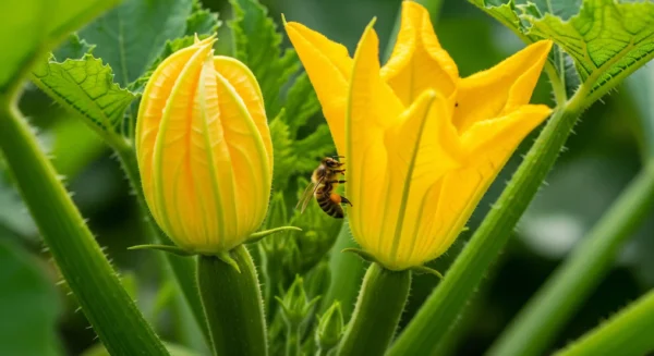 A honeybee pollinates a female zucchini flower, showcasing successful zucchini plant reproduction.