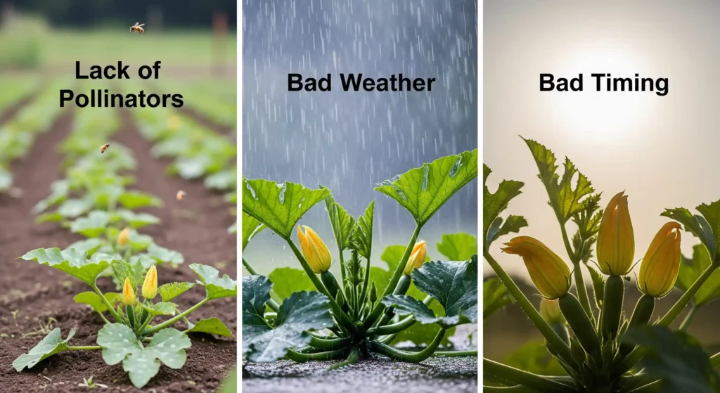 Insufficient Pollination? Get More Zucchini Fruits Using These Pro-Proven Techniques 3 Visual representation of common zucchini pollination problems, including lack of pollinators and unfavorable weather.