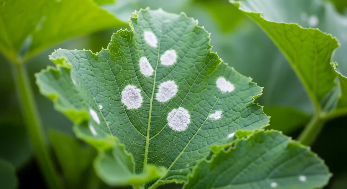 Close-up of white, dusty powdery mildew patches on a green zucchini plant leaf.
