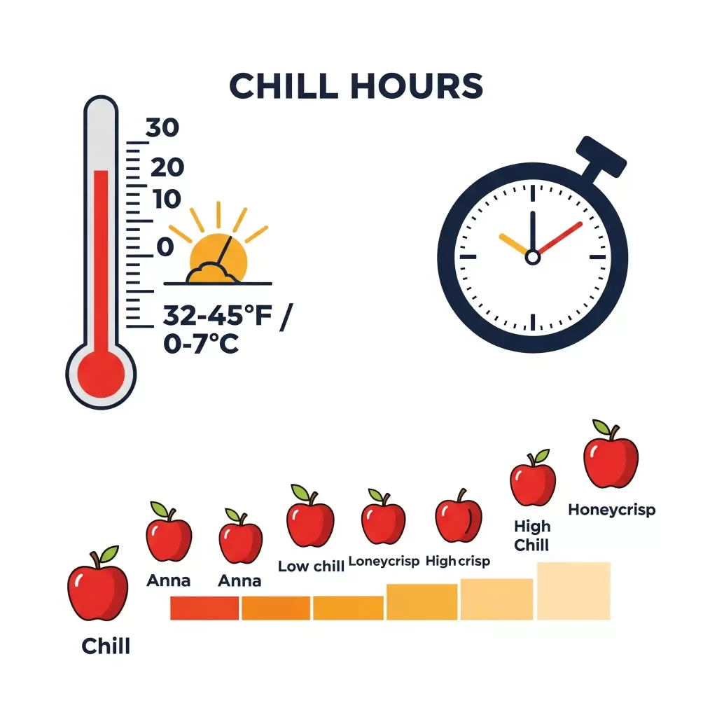 An educational graphic visually explains "chill hours" for apple trees, a critical factor for successful fruiting. The central element is a thermometer with a green-highlighted section indicating the optimal temperature range of 32-45°F (0-7°C). Around it, a circular timeline illustrates varying chill hour requirements, with small icons representing different apple varieties: 'Anna' for 200-300 hours (warm climates), 'Gala' for 500-600 hours (mild to moderate), and 'Honeycrisp' for 800-1000 hours (moderate to cold). This graphic clearly demonstrates how matching an apple tree variety to its necessary chill hours is vital for a good harvest.