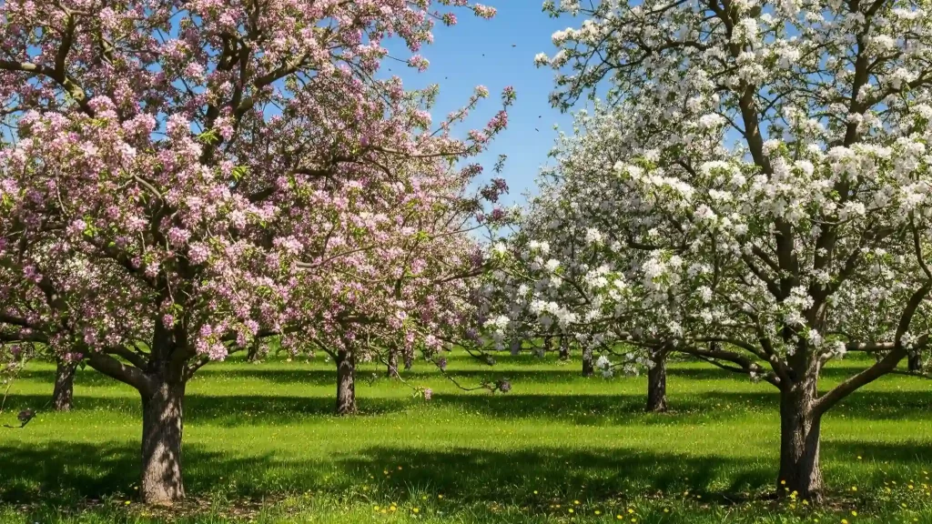 Two distinct apple tree varieties are shown in vibrant full bloom, with numerous bees actively flitting between their blossoms, facilitating pollination. The trees are positioned in close proximity, demonstrating the ideal spacing of under 50 feet (15 meters) required for cross-pollination. This image beautifully illustrates the necessity of a pollination partner for most self-sterile apple trees to ensure a bountiful harvest.