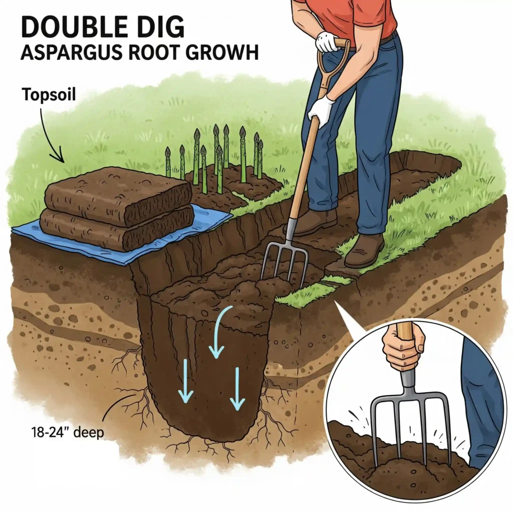 The Complete Guide to Planting Asparagus for a 20-Year Harvest 2 A dynamic illustration demonstrating the double-dig method for intensive soil preparation for asparagus. The graphic depicts a cross-section of a trench, showing the topsoil removed and the gardener actively loosening the compacted subsoil below with a broadfork, emphasizing the creation of an 18-24 inch deep, loose soil structure critical for deep root penetration and long-term asparagus vitality.