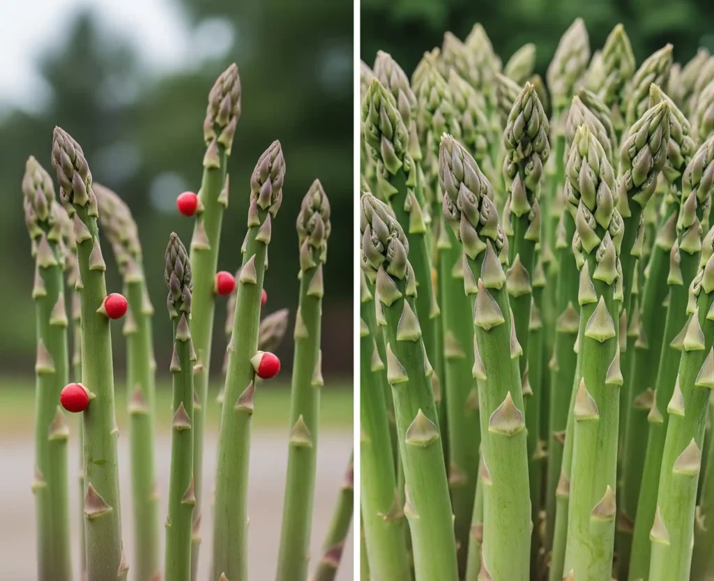 The Complete Guide to Planting Asparagus for a 20-Year Harvest 1 A comparative graphic illustrating the superior yield and productivity of all-male hybrid asparagus varieties (like 'Jersey Knight') versus traditional heirlooms ('Mary Washington'). The hybrid side shows abundant, thick green spears with no berries, while the heirloom side depicts fewer, thinner spears and female plants bearing energy-consuming red berries, visually emphasizing the benefit of choosing all-male types for higher output.