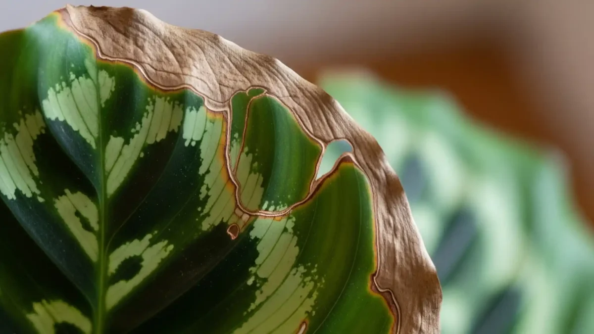 A detailed close-up image of a Calathea leaf exhibiting classic signs of low humidity: crispy, dry, brown tips and edges. The vibrant green and intricate patterns of the healthy leaf contrast with the dead, discolored margins, clearly illustrating the issue. This visual represents a common problem for Calathea plants caused by insufficient moisture in the air