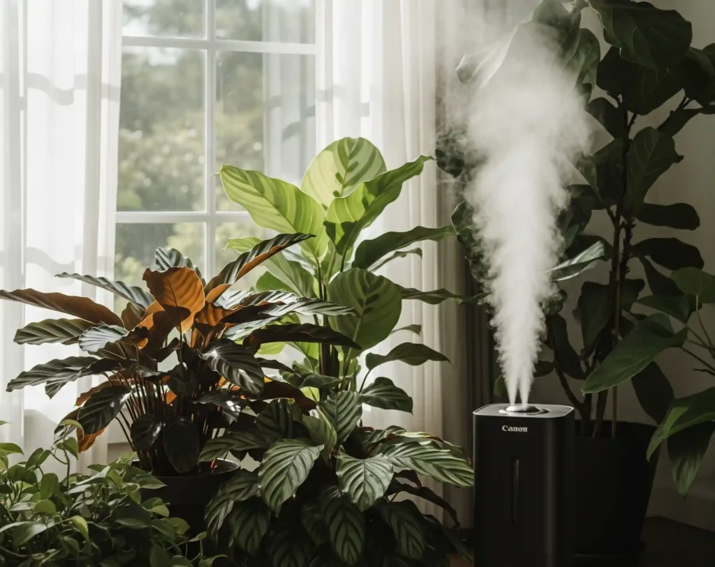An ideal indoor environment for Calathea care, showcasing a healthy Calathea Orbifolia and other prayer plants. The plants are placed in bright, indirect light, with a cool-mist humidifier running nearby to provide the high humidity they require. This image represents the perfect combination of proper lighting, grouping, and humidity needed to recreate a tropical environment for these sensitive plants.
