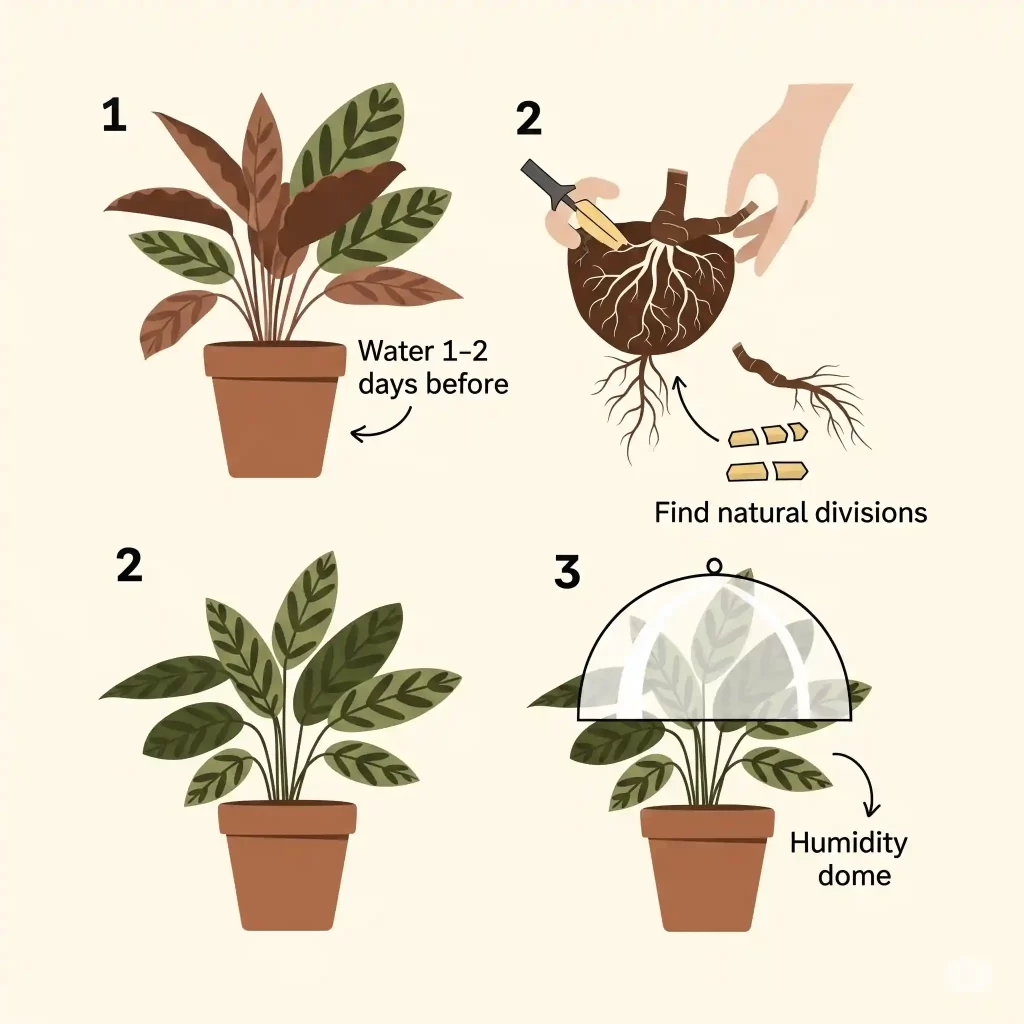 A simple graphic presenting a clear, step-by-step guide on how to divide a Calathea plant. The visual details the three critical stages of Calathea propagation: pre-division preparation (watering the plant), identifying natural divisions within the root ball and rhizomes, and the post-division care emphasizing the use of a humidity dome for new divisions. This infographic simplifies the complex process for aspiring plant parents.