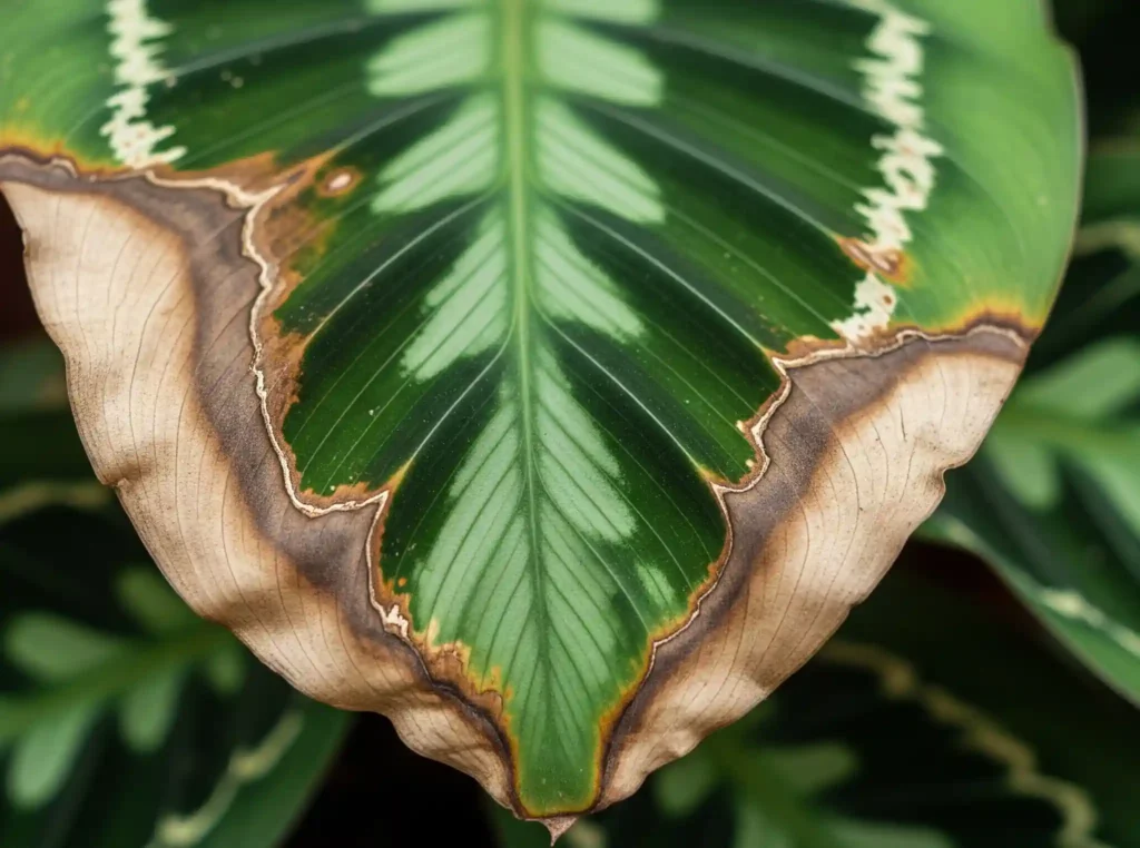 A close-up image of a Calathea leaf clearly showing the symptoms of fertilizer burn. The leaf's tips and edges are crispy and brown, starkly contrasting with the otherwise green and patterned central part of the leaf. This visual serves as a warning sign of over-fertilization, a common and detrimental mistake in Calathea care, illustrating the chemical dehydration process affecting the plant.