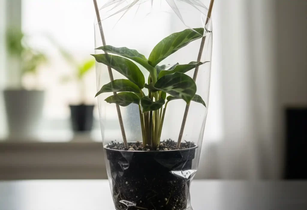 A visual representation of the crucial post-propagation care for a new Calathea division, showcasing a clear plastic bag acting as a humidity dome over the freshly potted plant. Chopsticks or skewers are used to keep the bag elevated, ensuring good air circulation while maintaining the high humidity essential for the new plant's recovery and root development after Calathea propagation.