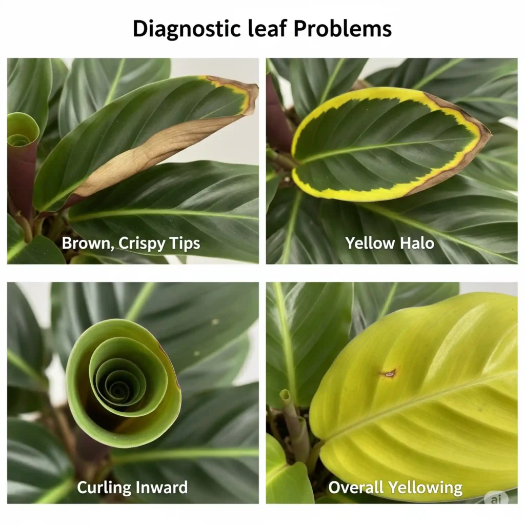 A visual troubleshooting guide for Calathea leaf problems shown in four labeled quadrants. The guide helps diagnose issues: brown, crispy tips from low humidity; a yellow halo around brown edges from poor water quality; leaves curling inward from underwatering; and overall yellowing leaves from overwatering and potential root rot. This chart helps owners identify and solve the most common prayer plant issues.