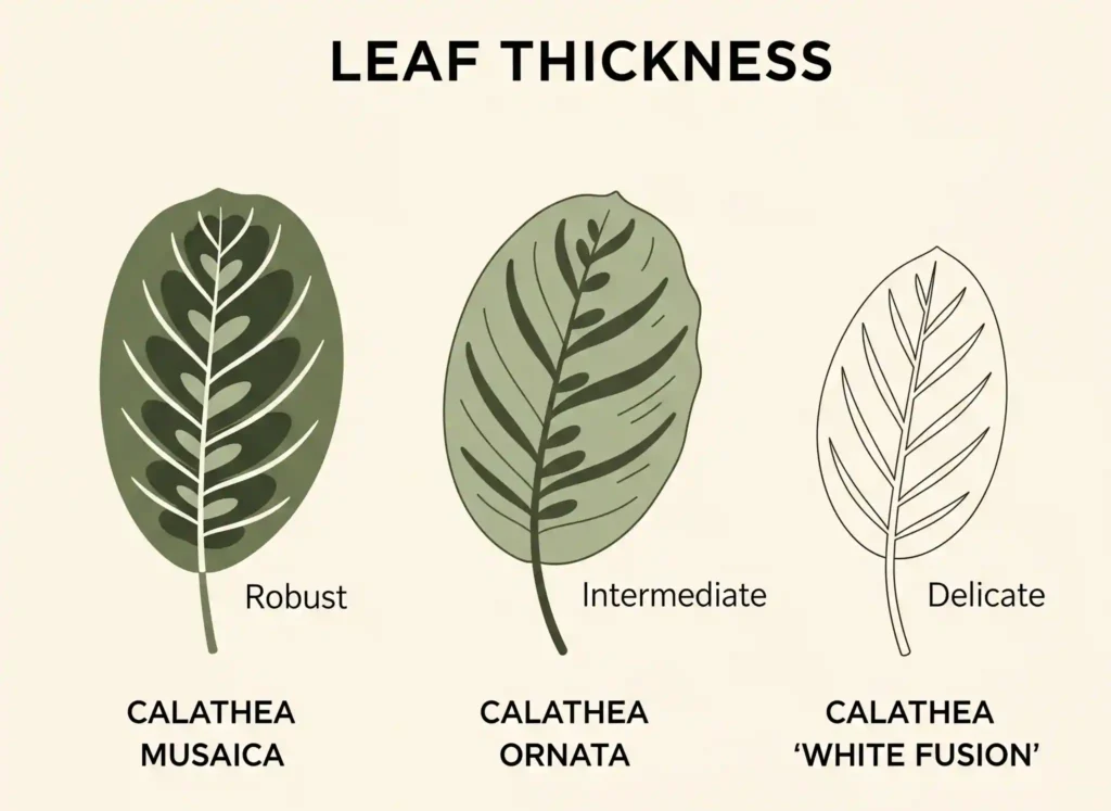 A comparative graphic illustrating the relative leaf thickness among different Calathea varieties. The graphic features a thicker, more robust leaf labeled "Calathea Musaica," indicating its higher resilience to humidity fluctuations. Adjacent to it is a leaf of medium thickness representing "Calathea Ornata," and a very thin, delicate leaf for "Calathea 'White Fusion'," visually demonstrating why the Calathea musaica is more forgiving for beginners due to its leathery leaves.