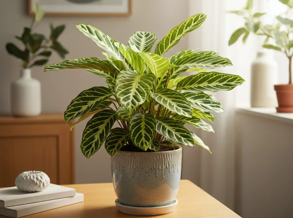 A healthy Calathea musaica 'Network' plant displayed in an optimal indoor setting, receiving abundant bright, indirect light. The light gently illuminates the plant's intricate mosaic patterns without directly touching its leaves, demonstrating the ideal placement a few feet from an east-facing window. The plant's vibrant green leaves show no signs of fading or scorching, highlighting the importance of correct light for this Calathea's patterned foliage.