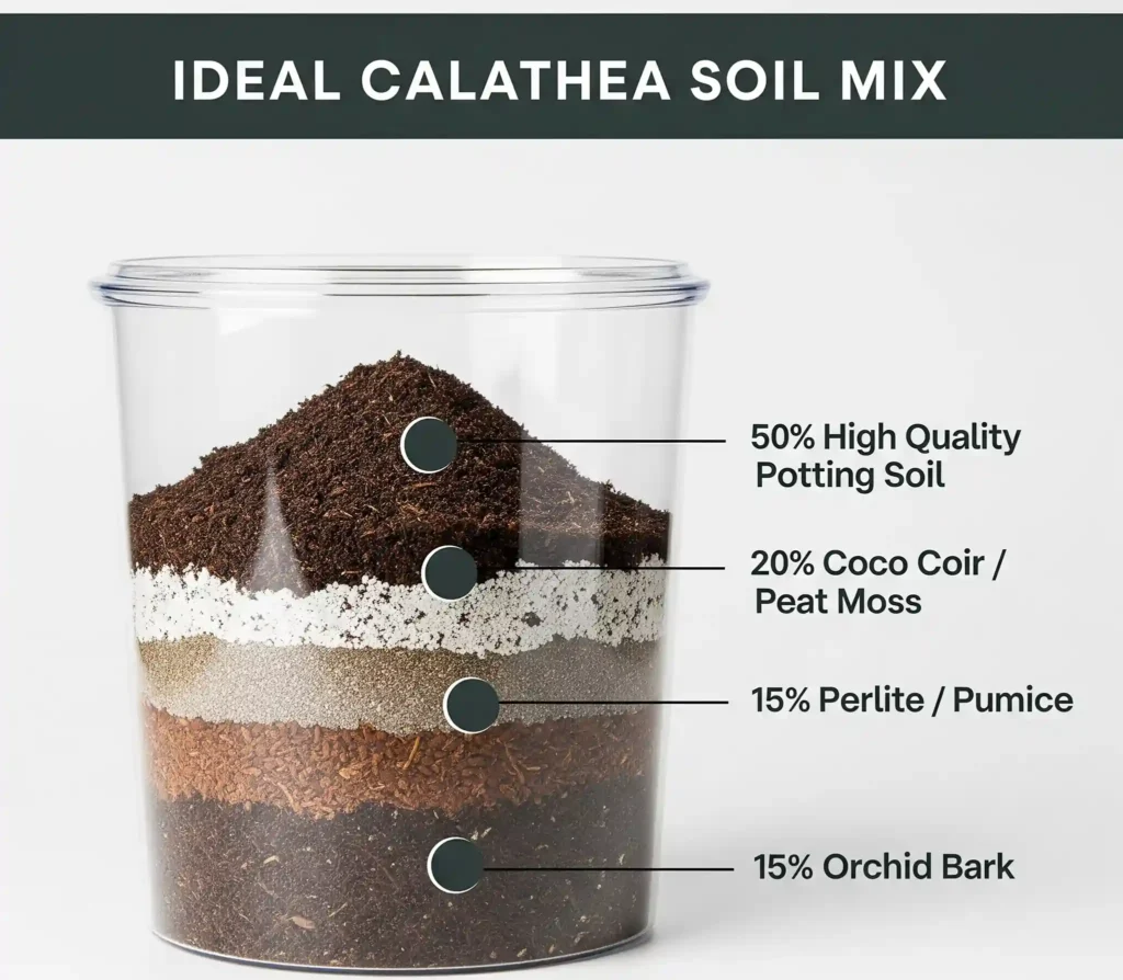 A clear graphic illustrating the ideal soil mix recipe for Calathea musaica. The diagram shows a transparent container segmented into layers, representing the recommended proportions: 50% high-quality indoor potting mix, 20% coco coir or peat moss, 20% perlite or pumice, and 10% orchid bark. This visual guide emphasizes the need for a chunky, airy, and well-draining substrate to prevent root rot and support healthy Calathea growth.