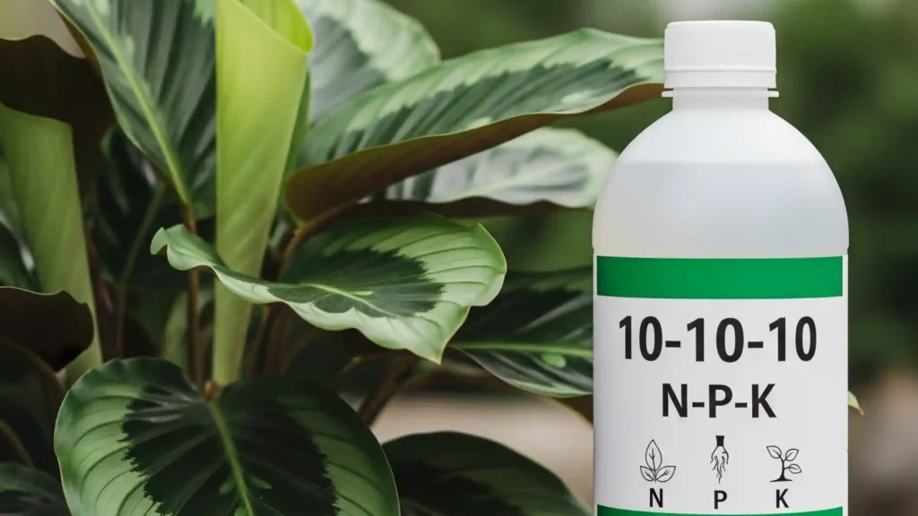 A clear image focusing on a bottle of 10-10-10 balanced liquid fertilizer, with its N-P-K ratio prominently displayed. In the background, a healthy, lush Calathea plant with vibrant leaves thrives, indicating proper nutrient intake. The image subtly highlights the fertilizer components (Nitrogen, Phosphorus, Potassium) and their role in promoting robust leaf growth, strong roots, 
