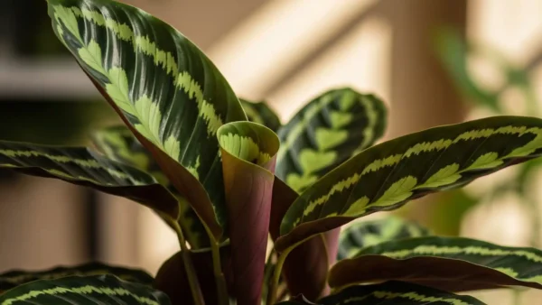A stunning and healthy Calathea plant dominates the foreground, showcasing its wide, intricately patterned green and burgundy leaves in sharp detail. The plant appears vibrant and well-cared for, with a glossy sheen on its foliage. The background is softly out of focus, suggesting a cozy indoor setting with indirect, dappled light, emphasizing the plant's delicate needs and highlighting the beauty achievable with proper Calathea care. This image is ideal for a cover, inviting readers to explore an article on cultivating these beautiful but sensitive plants.