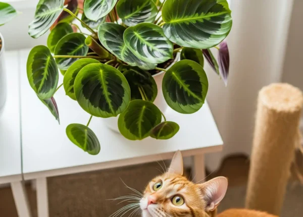 A visually appealing Calathea Medallion plant with intricate green and purple leaves sits on a high shelf, deliberately positioned out of reach of a curious, healthy cat looking up from below. The image emphasizes a harmonious and safe indoor environment for both pets and plants, showcasing a proactive approach to pet safety through smart plant placement and home enrichment to prevent curious nibbling.