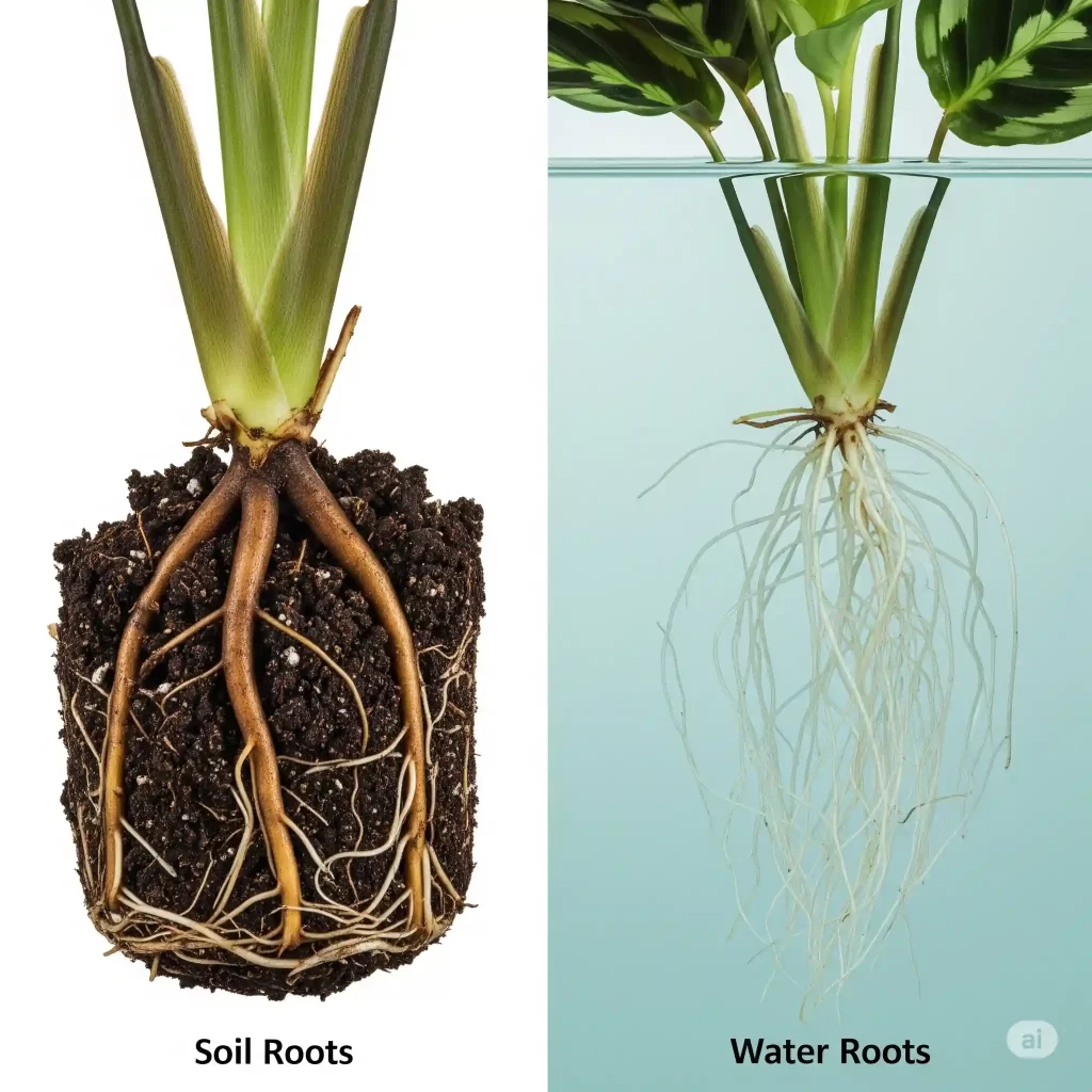 A side-by-side comparative image showcasing the distinct physiological differences between Calathea soil roots and water roots. On the left, robust, thick, brown soil roots are seen within a potting mix, designed for anchorage and nutrient absorption from soil particles. On the right, delicate, thin, white, feathery water roots are suspended in clear water, adapted for direct dissolved oxygen uptake. This visual comparison educates viewers on why transitioning Calathea from water to soil requires careful management due to these fundamental root structure differences.