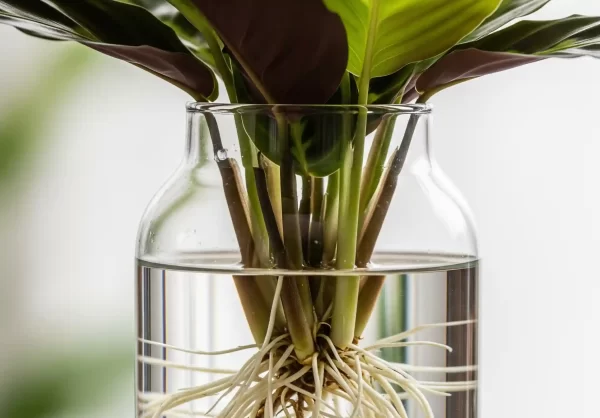 A detailed close-up image showing a Calathea plant division successfully propagating in a clear glass vase. Bright white, delicate water roots are prominently displayed, extending into the pure, transparent water. The vibrant green and patterned leaves of the Calathea division are visible above the waterline, signifying healthy new growth. This visual perfectly illustrates the initial stages of Calathea water propagation, emphasizing the distinct characteristics of water roots for those interested in growing new plants.