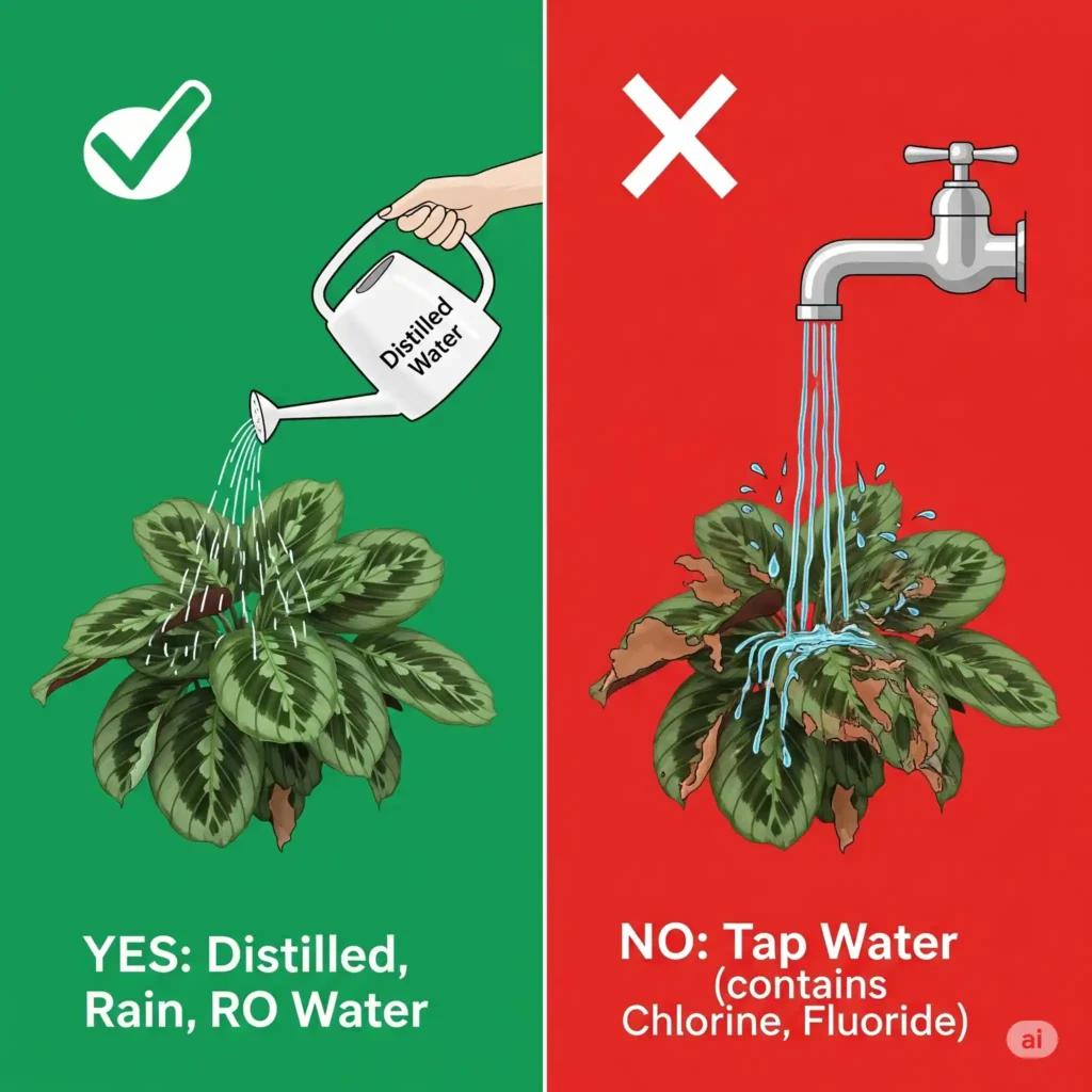 An educational graphic guiding on the best water for Calathea prayer plants. The "YES" side displays a healthy Calathea being watered with a can of distilled water, recommending it along with rainwater and reverse osmosis water. The "NO" side shows a wilting Calathea with brown leaf tips reacting negatively to tap water, warning against its high mineral, chlorine, and fluoride content which damages the plant's water quality.