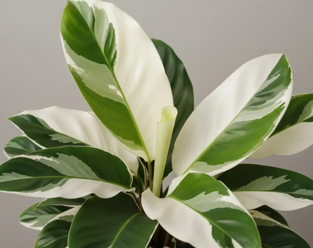 A captivating image of a Calathea White Fusion plant, showcasing its exquisite white and green variegated leaves. The precise lighting accentuates the delicate contrast and the pristine white sections, emphasizing the plant's unique beauty. The clean background ensures the plant's intricate variegation is the focal point, underscoring its reputation as a highly sought-after yet delicate Calathea variety requiring specific humidity and light.